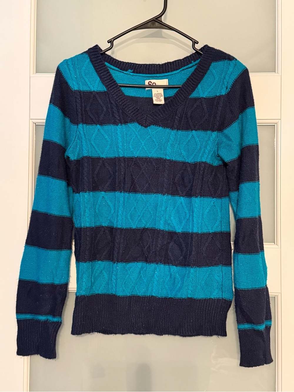 SO Women's Striped V-Neck Sweater - Teal & Navy